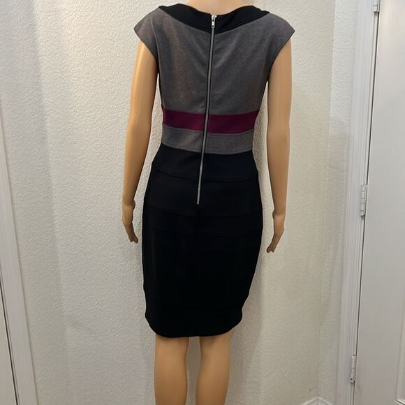 Maggy London Dress Sz 4 v Neck Cap Sleeve Black Gray Burgundy Silver Zipper - Picture 6 of 9